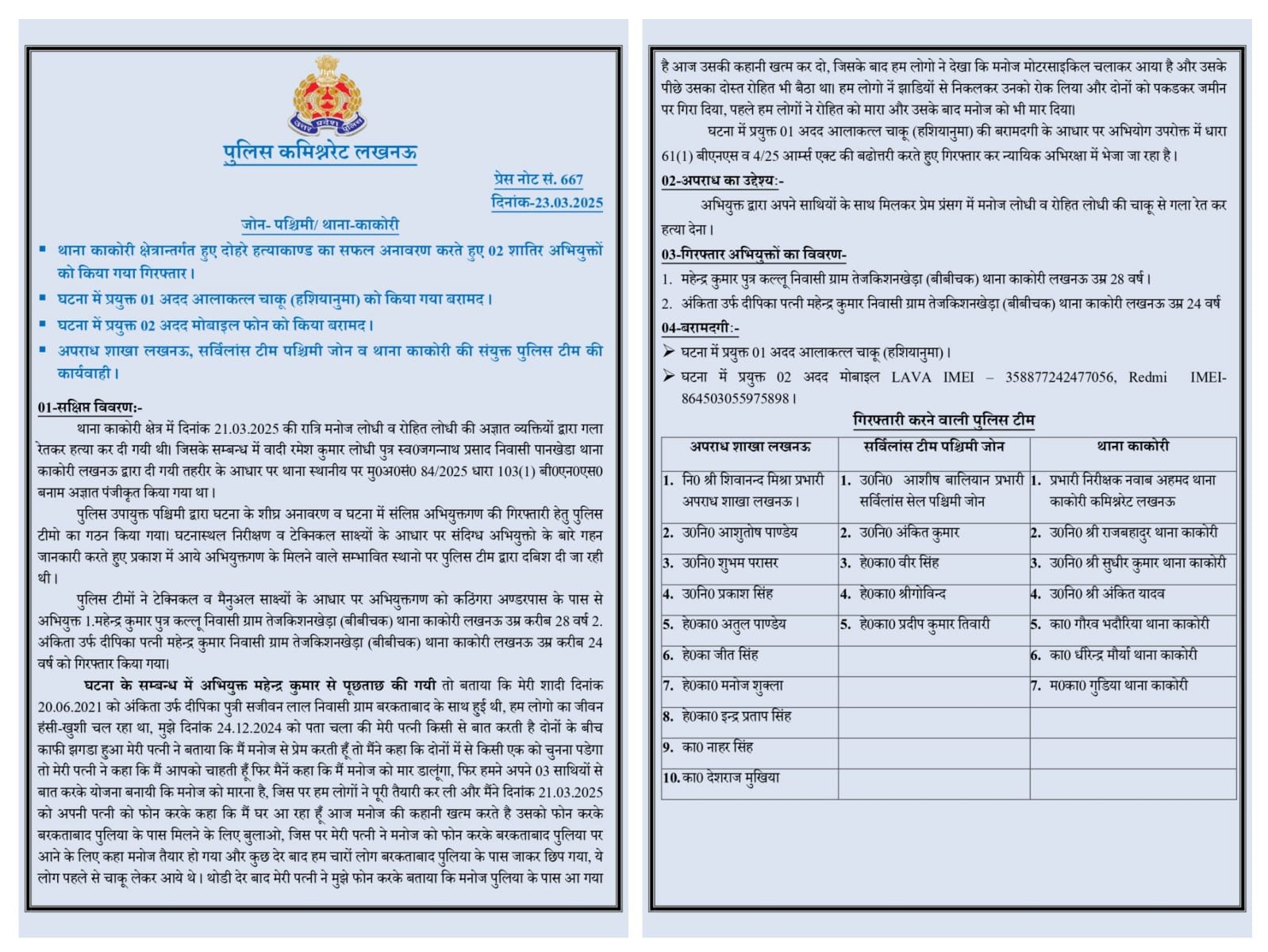 Double murder case solved in Kakori, Lucknow; constable and his wife arrested