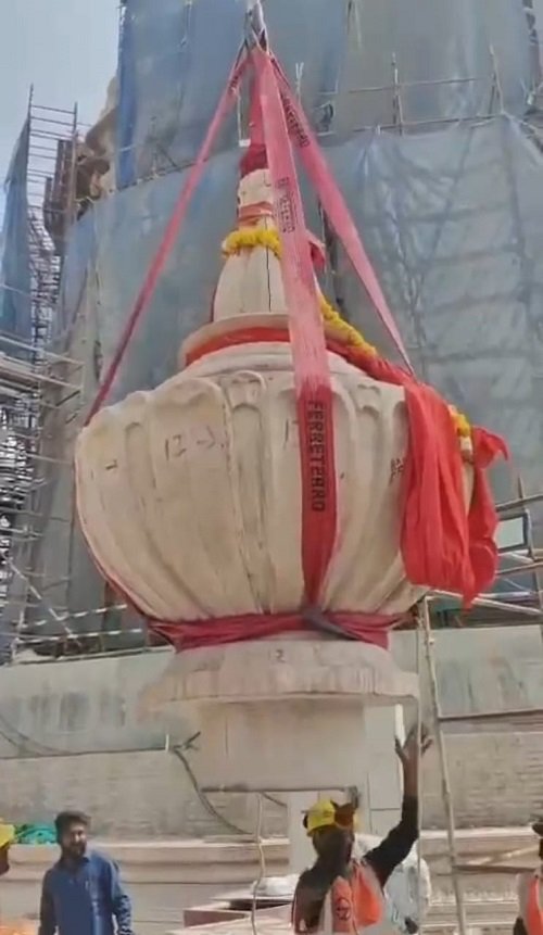 The urn installation ritual was completed on the main peak of Ram temple, the flagstaff installation work will begin soon