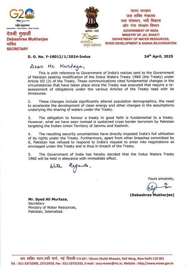 India gave formal notice to Pakistan on Indus Water Treaty