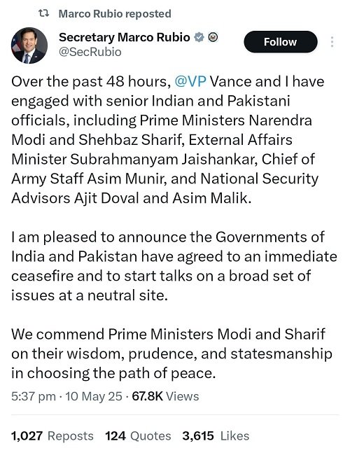 Big agreement between India and Pakistan, America's role was important: Marco Rubio's statement