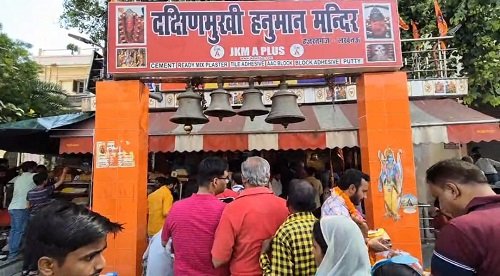A huge crowd of devotees gathered to visit the south-facing ancient temple of Hanuman ji