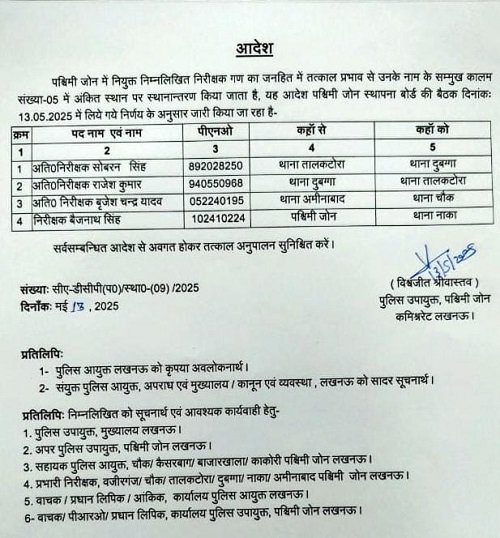 Lucknow: A flurry of transfers in the Western Zone, several inspectors replaced