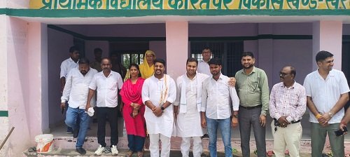 Khair MLA Surendra Diler planted 50 saplings in primary school in Kiratpur village of Khair assembly constituency of Aligarh