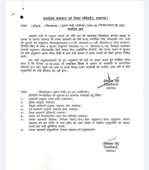 Sale of liquor and drugs will be completely banned in Lucknow on Independence Day, strict instructions from DM