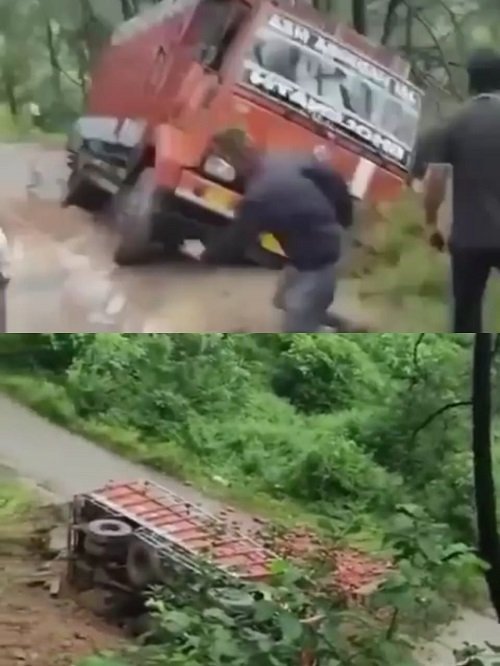 Himachal Pradesh: Truck fell down due to road collapse on Manikaran-Kasol road in Kullu district, luckily a major accident was averted