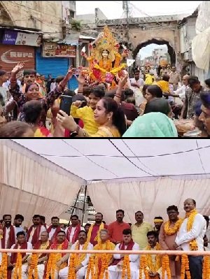 Ayodhya: A Congress banner became the center of discussion during the Durga immersion procession at Ghantaghar Chowk, but was removed after irking BJP supporters.