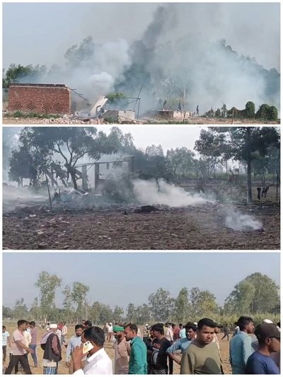 Barabanki: Massive explosion at illegal firecracker factory; 2 workers blown to pieces; 3 seriously injured; blast echoed 2 km away.