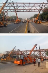 Vehicular movement on the highway remained disrupted for two hours during the construction of a foot overbridge.