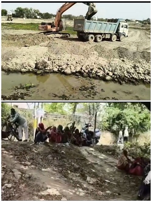 Uproar over work despite stay order; villagers protest against 84-bigha pond project.