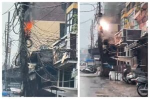 Lucknow: Fire breaks out on an electricity pole at Akbari Gate; short circuit causes panic amidst the rain.