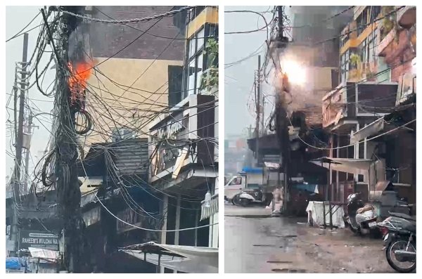 Lucknow: Fire breaks out on an electricity pole at Akbari Gate; short circuit causes panic amidst the rain.