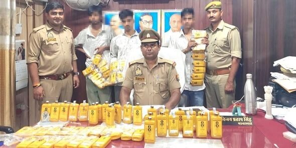 16.2 liters of Indian-Made Foreign Liquor (IMFL) being smuggled to Bihar seized; Mughalsarai police nabbed three smugglers.