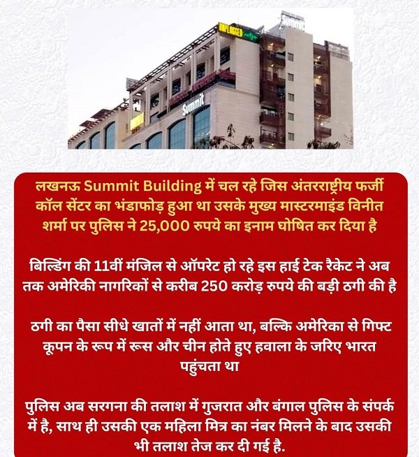 Lucknow: ₹25,000 reward announced for the mastermind of an international fraudulent call center; accused of swindling US citizens out of ₹250 crore.