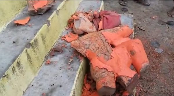 Tension prevails in Sarnath's Sathwa village after a statue of Bajrangbali was found damaged; police are investigating.