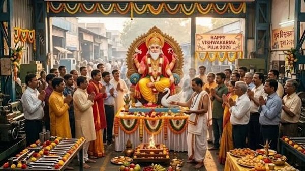 Chants of devotion echoed at the Ramnagar Padav stand on Vishwakarma Puja, and the Lion Pillar complex was steeped in faith—a massive crowd of devotees thronged the grand *bhandara* (community feast) following the elaborate worship ceremony.