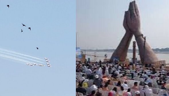 Crowds flocked to Namo Ghat in Varanasi to watch an air show; spectators were thrilled by the aerial stunts.
