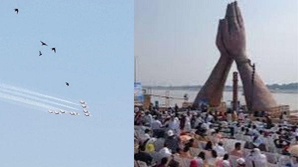 Crowds flocked to Namo Ghat in Varanasi to watch an air show; spectators were thrilled by the aerial stunts.