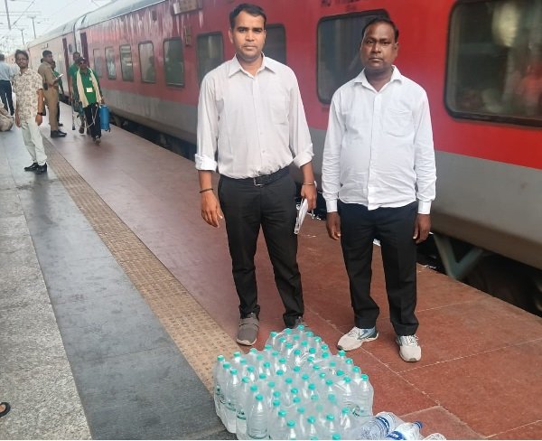 Seven cartons of unapproved packaged drinking water seized from a train pantry car at Varanasi Junction; the matter came to light during a railway inspection.